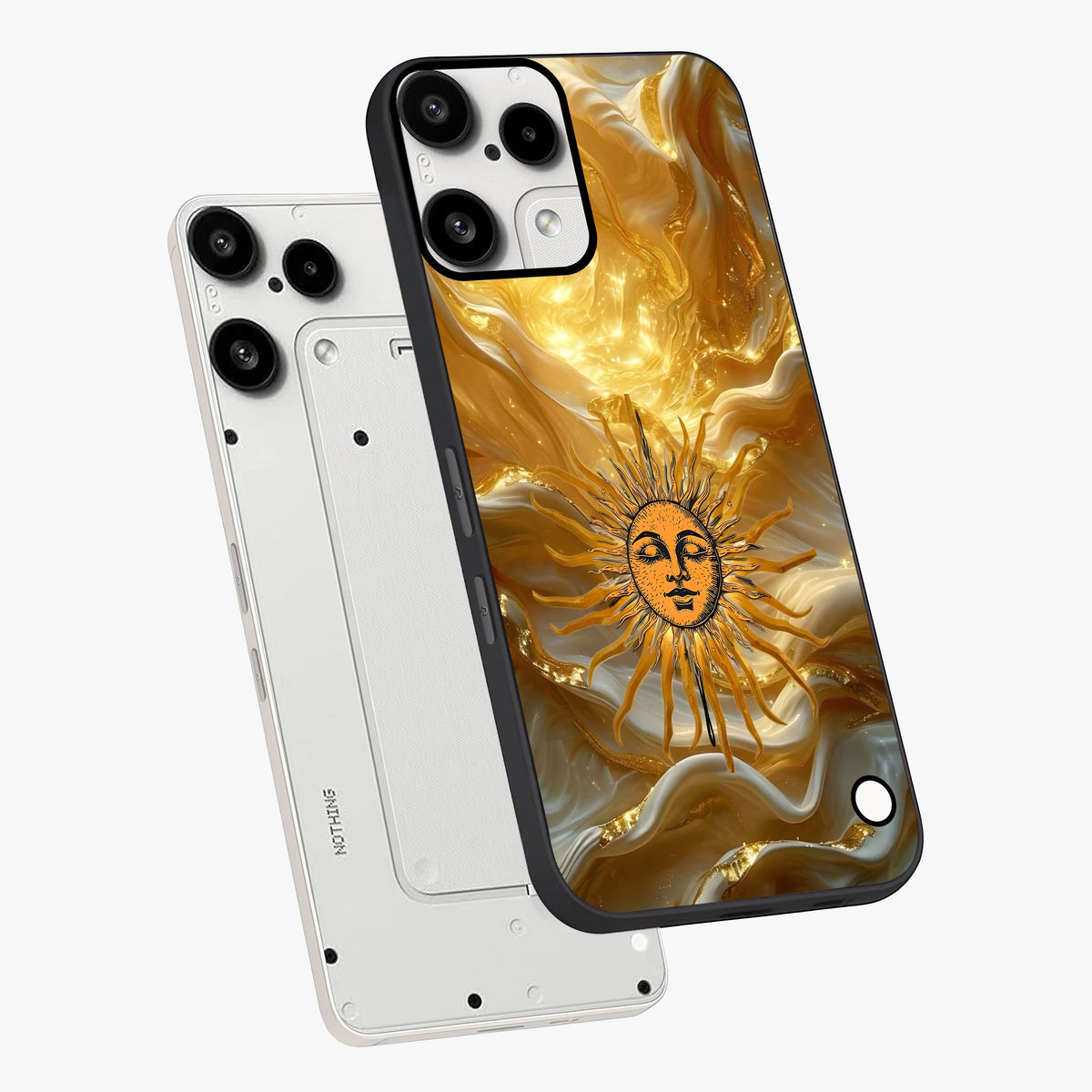 Eternal Golden Glow Glass Case displayed in angled mockup highlighting glowing golden aesthetic design with elegant style.