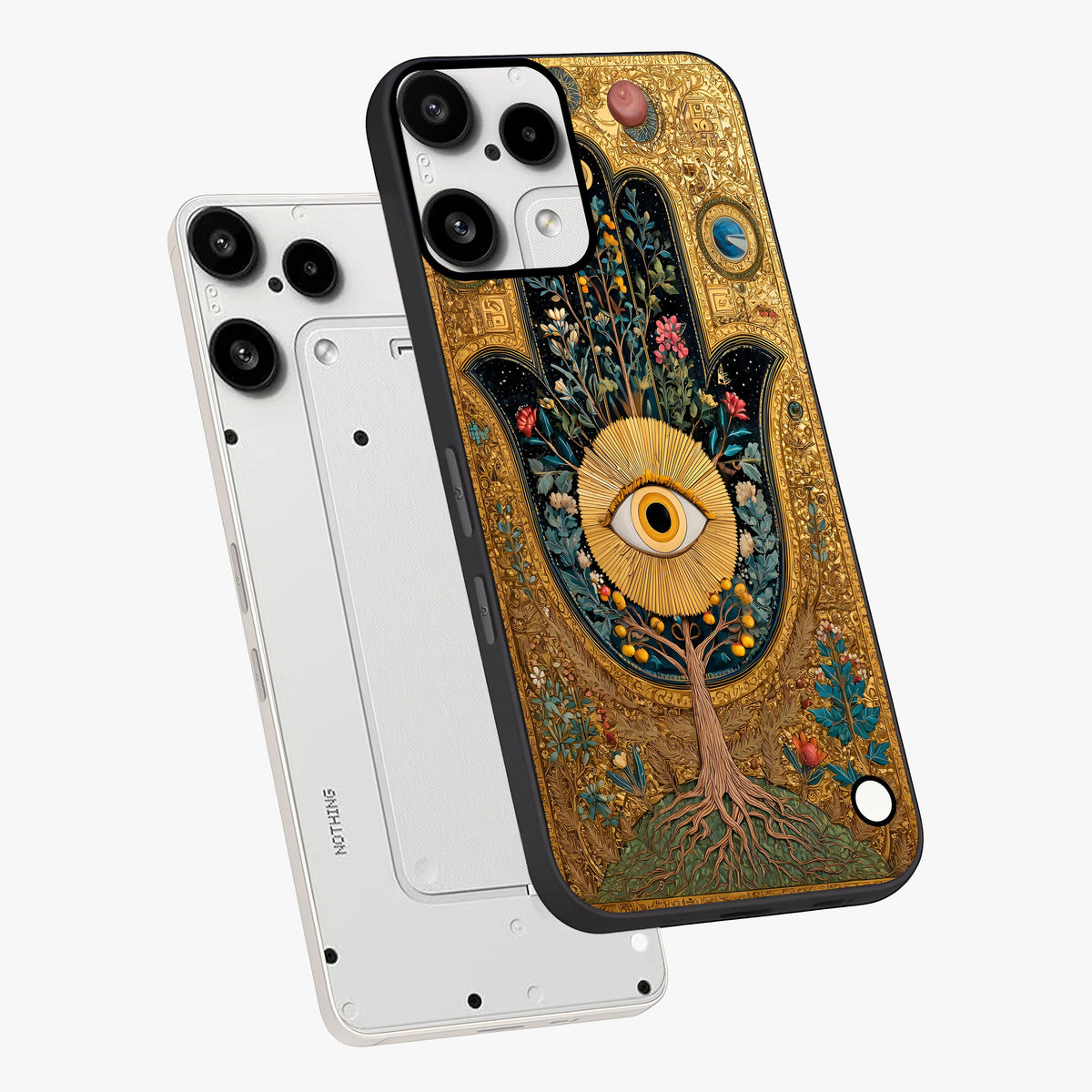 Ethereal Evil Eye Glass Case displayed in angled mockup highlighting protective evil eye symbol with spiritual aesthetic design.
