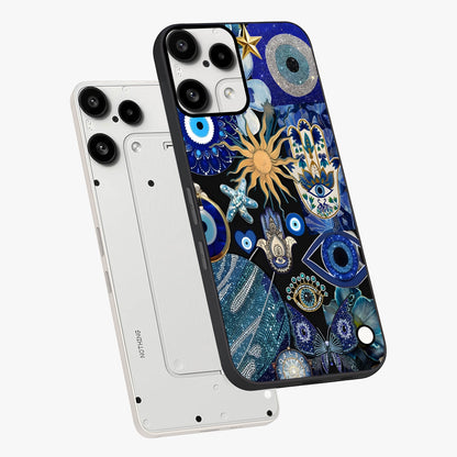 Evil Eye Charm Mix Glass Case displayed in angled mockup highlighting protective evil eye symbols with spiritual aesthetic design.