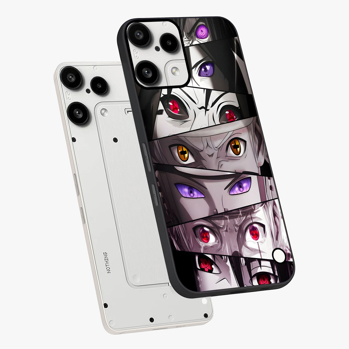 Eyes of Destiny Glass Case displayed in angled mockup highlighting bold eye illustration with mystical aesthetic style.