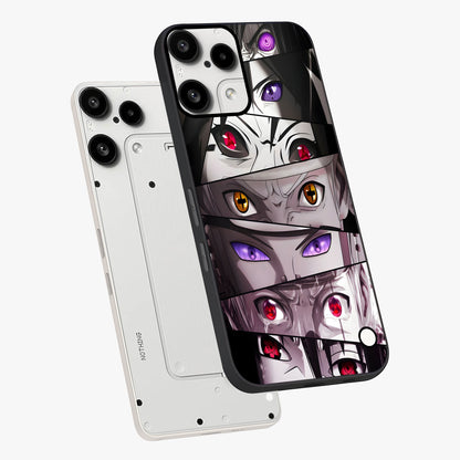 Eyes of Destiny Glass Case displayed in angled mockup highlighting bold eye illustration with mystical aesthetic style.