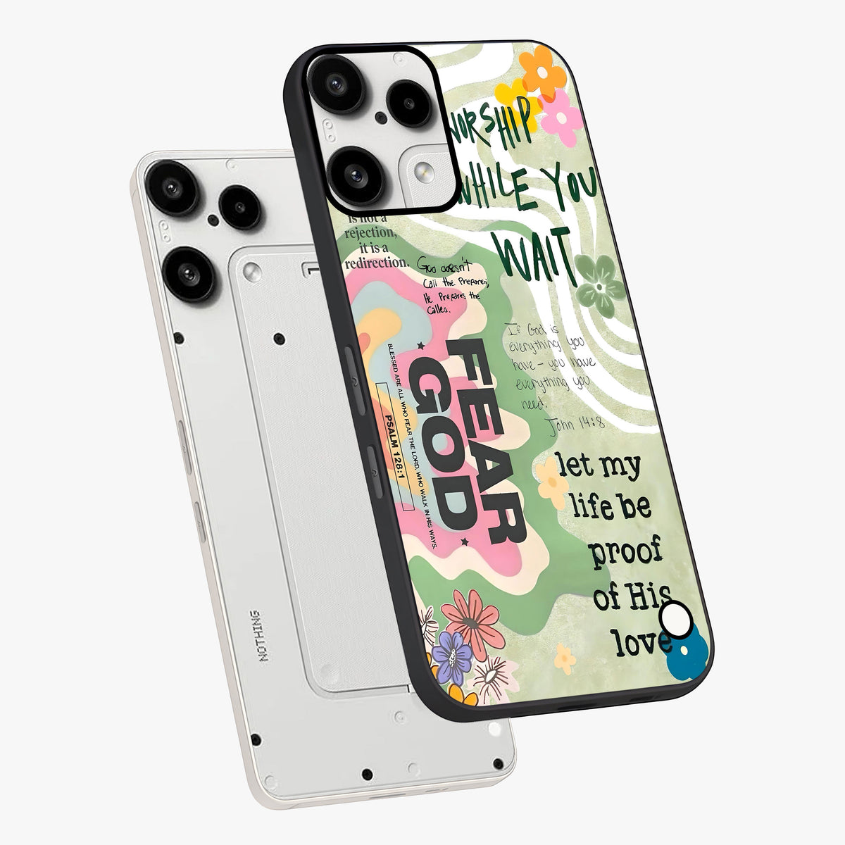 Faith Over Fear Glass Case displayed in angled mockup highlighting inspirational message design with modern aesthetic style.