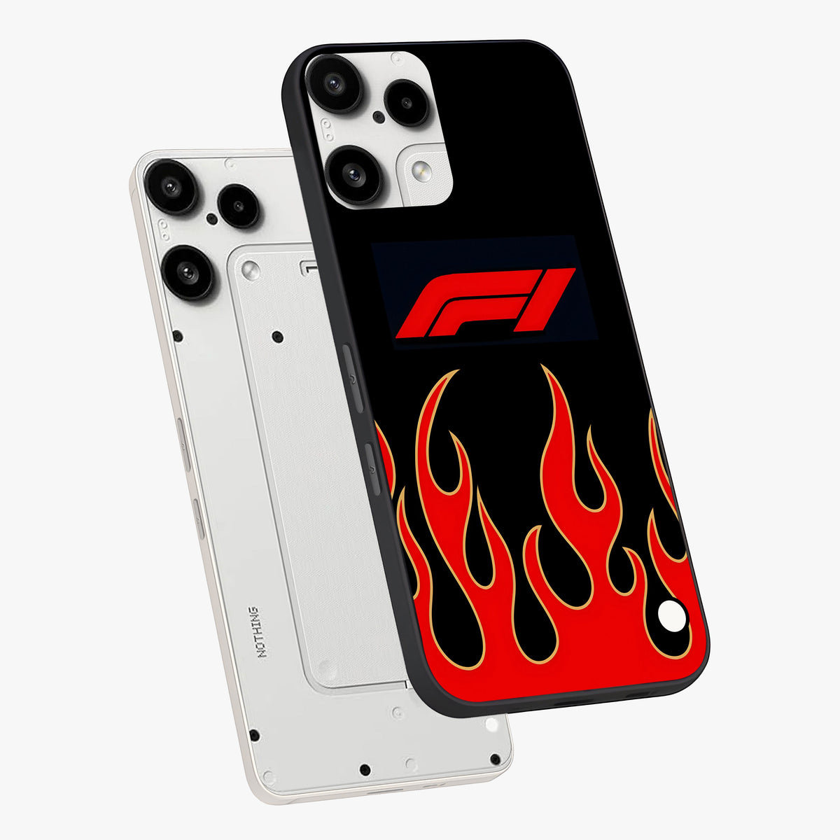 Fire F11 Glass Case displayed in angled mockup highlighting bold fire inspired graphic with energetic aesthetic style.