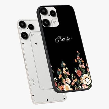 Floral Design With a Custom Personalized Name Glass Case displayed in angled mockup highlighting elegant floral pattern with custom name feature.