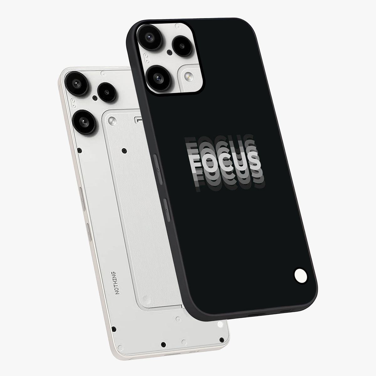 Focus Mode On Glass Case displayed in angled mockup highlighting clean minimal text artwork with modern aesthetic style.