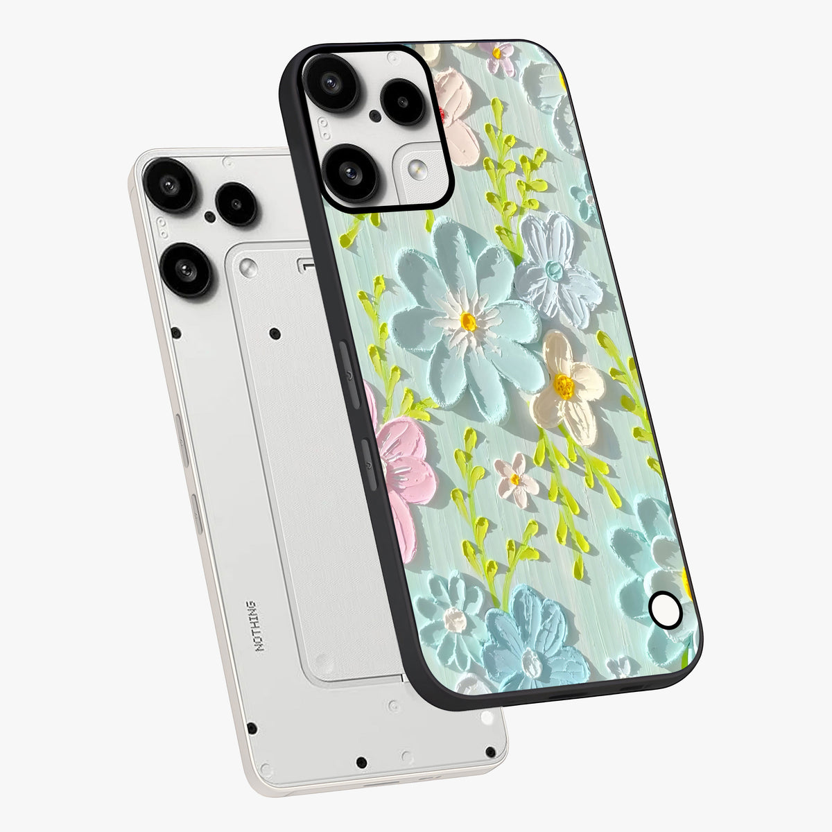 Frosted Petal Garden Glass Case displayed in angled mockup highlighting delicate flower petal design with calm garden aesthetic.