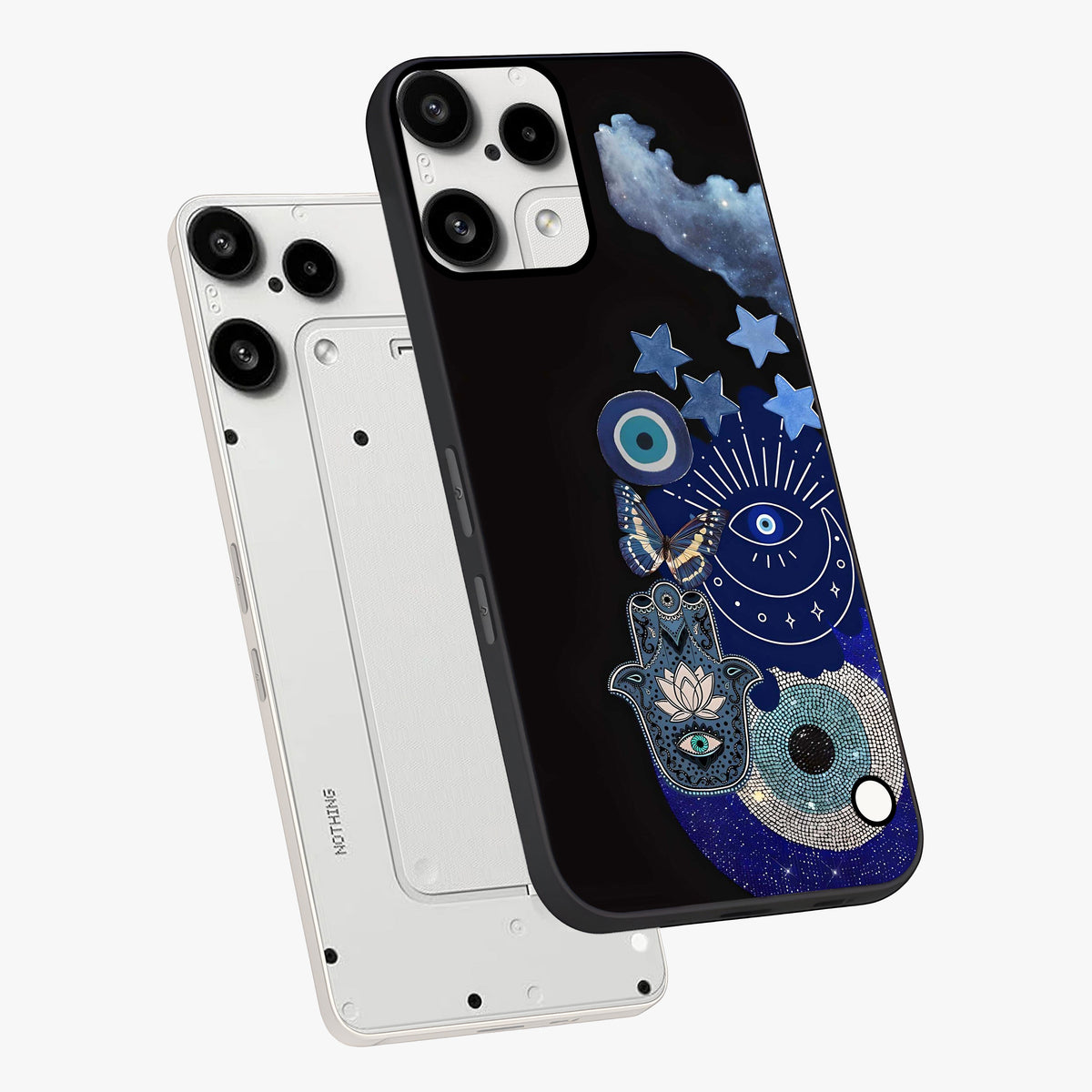 Galactic Charm Cluster Glass Case displayed in angled mockup highlighting luminous galaxy inspired design with dreamy aesthetic.