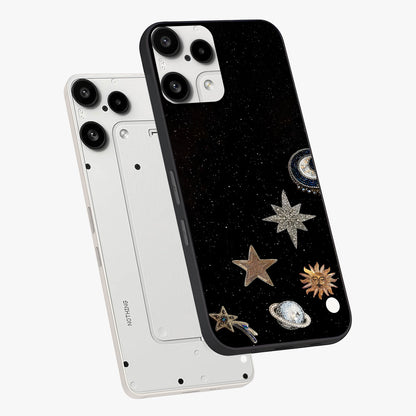 Galactic Charm Glow Glass Case displayed in angled mockup highlighting luminous galaxy inspired design with dreamy aesthetic.