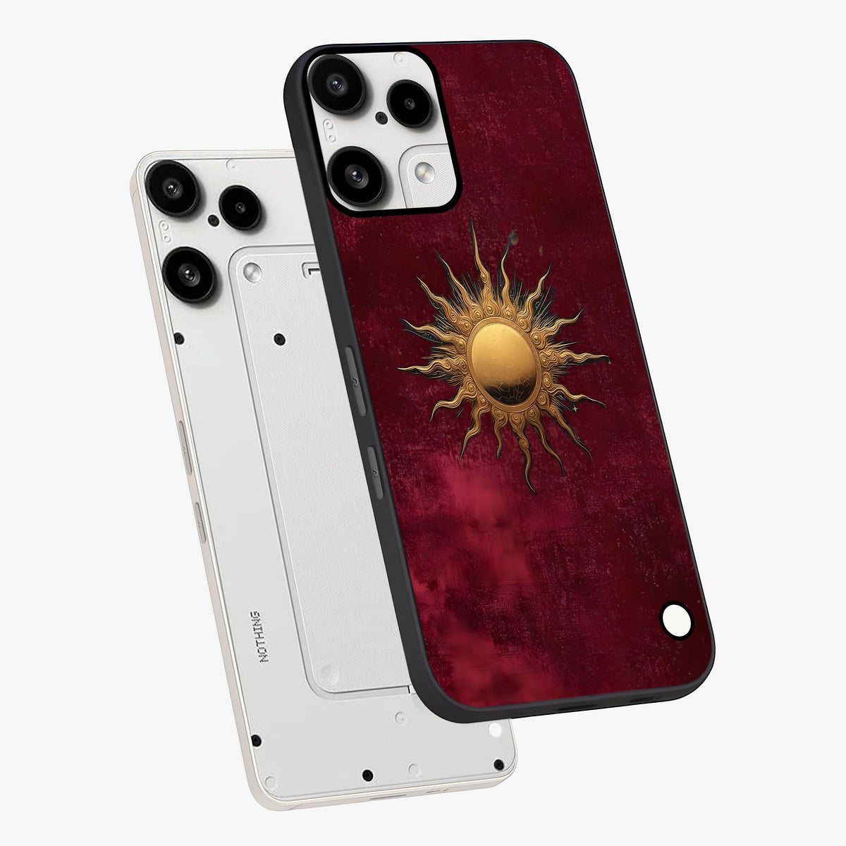 Golden Sun Minimalism Glass Case displayed in angled mockup highlighting clean sun symbol design with modern minimal aesthetic.
