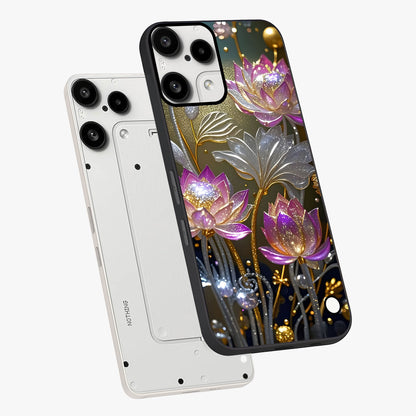 Golden Floral Majesty Glass Case displayed in angled mockup highlighting elegant flower design with royal golden aesthetic.