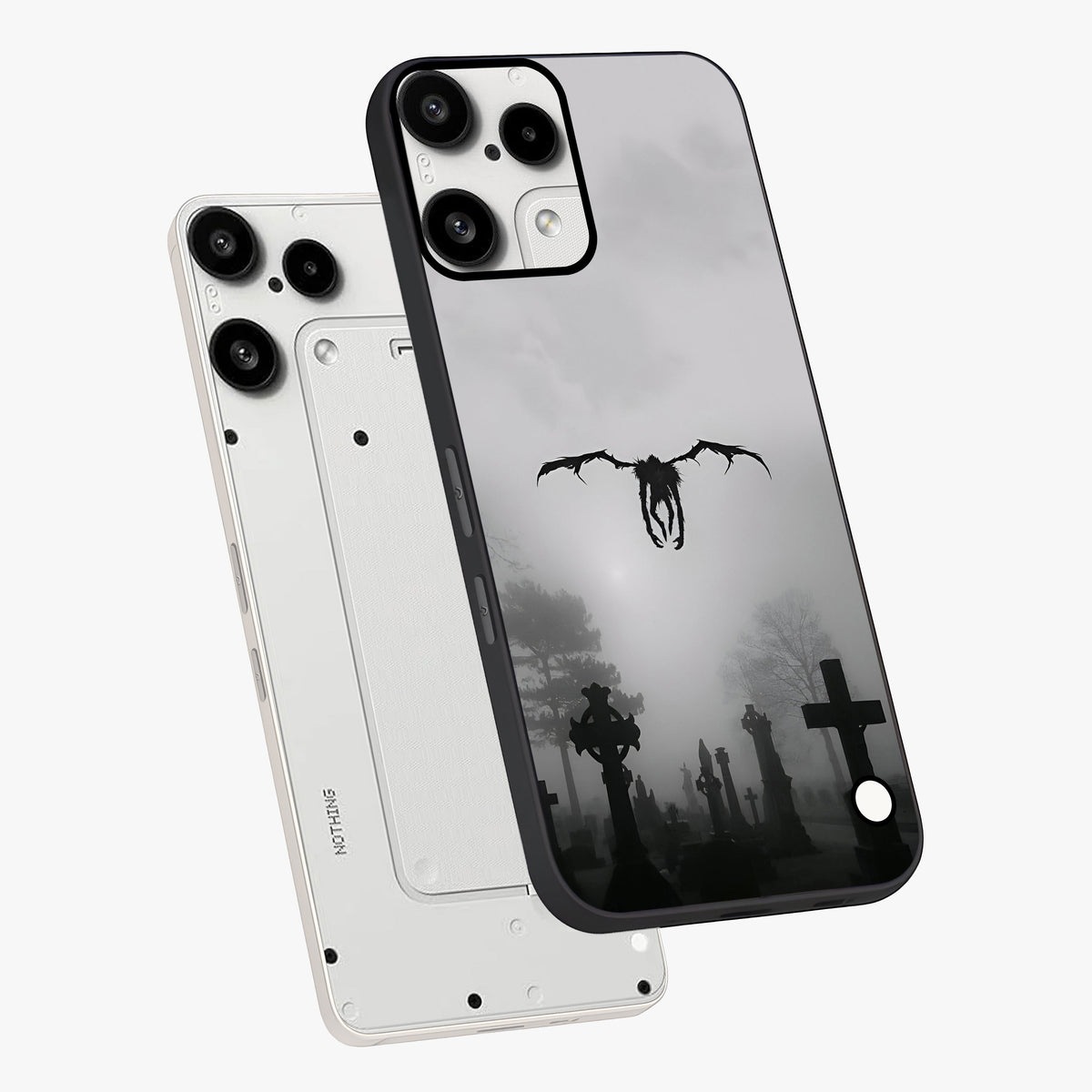 Graveyard Shadow Descent Glass Case displayed in angled mockup highlighting eerie shadow illustration with gothic aesthetic.