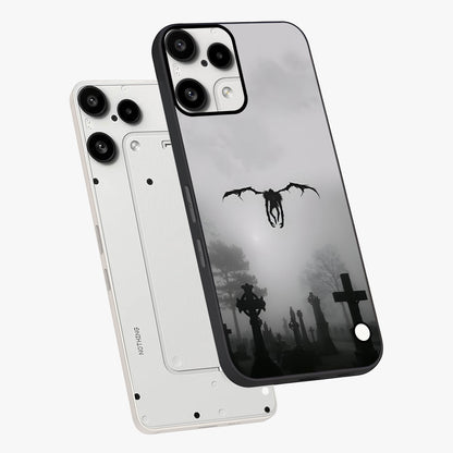 Graveyard Shadow Descent Glass Case displayed in angled mockup highlighting eerie shadow illustration with gothic aesthetic.