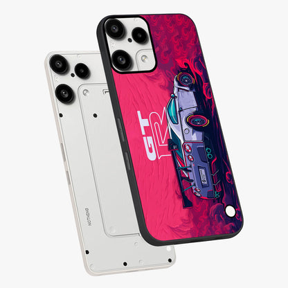 GT-R Car Pattern Glass Case displayed in angled mockup highlighting racing car graphic design with bold automotive aesthetic.