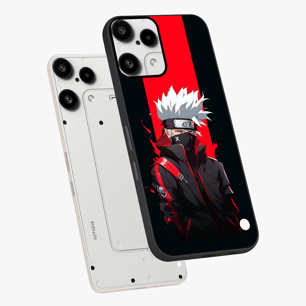 Kakashi Scarlet Shadow Glass Case displayed in angled mockup highlighting dramatic ninja illustration with scarlet themed aesthetic.