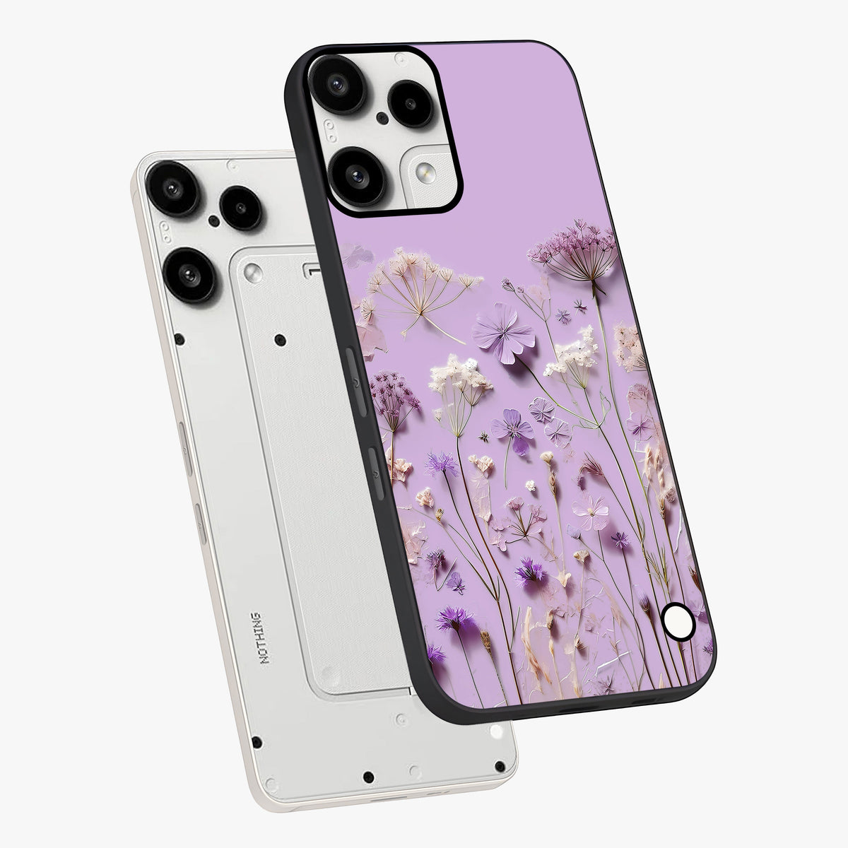 Lavender Blossom Dream Glass Case displayed in angled mockup highlighting dreamy lavender flower design with calming aesthetic style.
