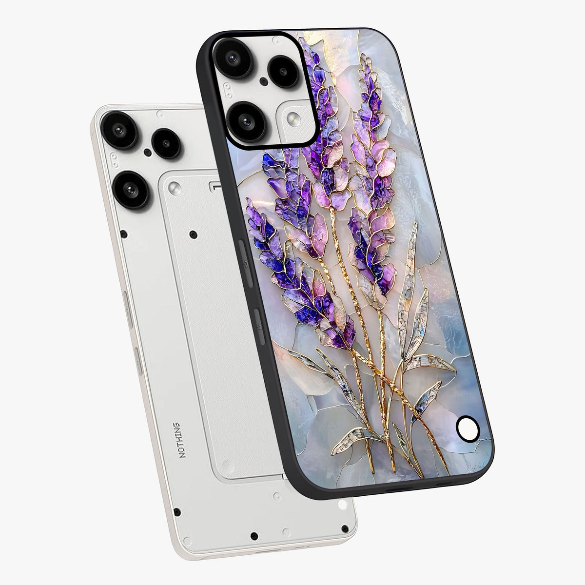 Lavender Dream Glow Glass Case displayed in angled mockup highlighting dreamy purple glow design with soft artistic style.