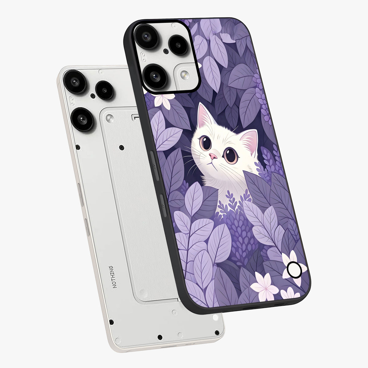 Lilac Hide Peek Cat Glass Case displayed in angled mockup highlighting playful feline illustration with lilac aesthetic design.