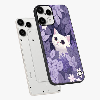 Lilac Hide Peek Cat Glass Case displayed in angled mockup highlighting playful feline illustration with lilac aesthetic design.