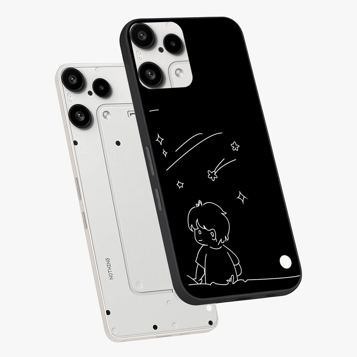 Line Art Boy With Shooting Stars Glass Case displayed in angled mockup highlighting elegant line art design with dreamy star aesthetic.