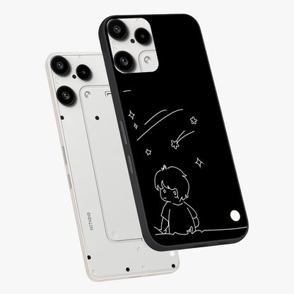 Line Art Boy With Shooting Stars Glass Case displayed in angled mockup highlighting elegant line art design with dreamy star aesthetic.