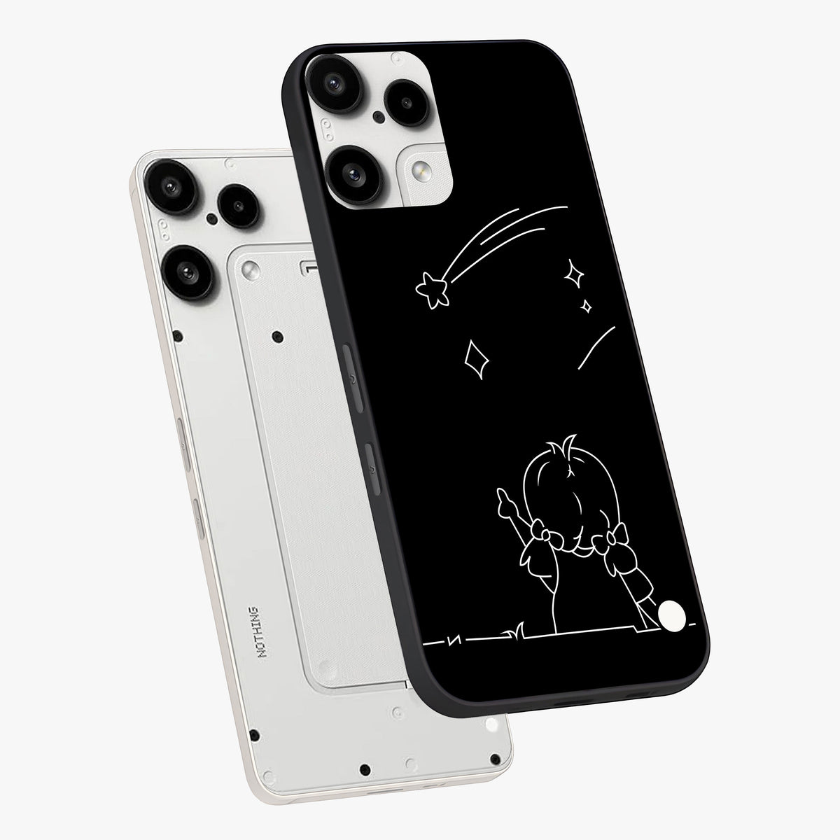 Line Art Girl With Shooting Stars Glass Case displayed in angled mockup highlighting elegant line art design with dreamy star aesthetic.
