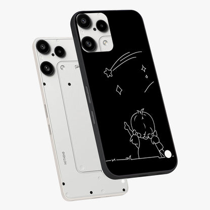 Line Art Girl With Shooting Stars Glass Case displayed in angled mockup highlighting elegant line art design with dreamy star aesthetic.