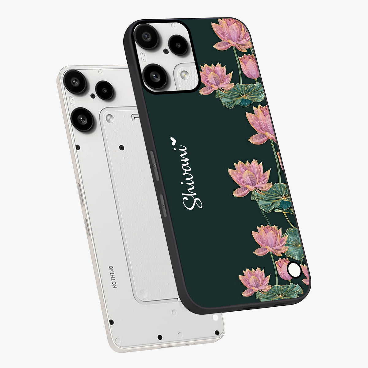Lotus Bloom Serenity Custom Name Glass Case displayed in angled mockup highlighting graceful lotus illustration with custom name feature.