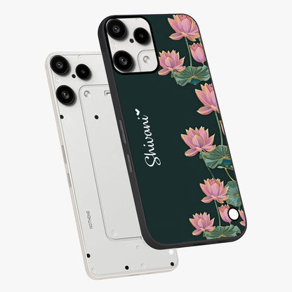 Lotus Bloom Serenity Custom Name Glass Case displayed in angled mockup highlighting graceful lotus illustration with custom name feature.