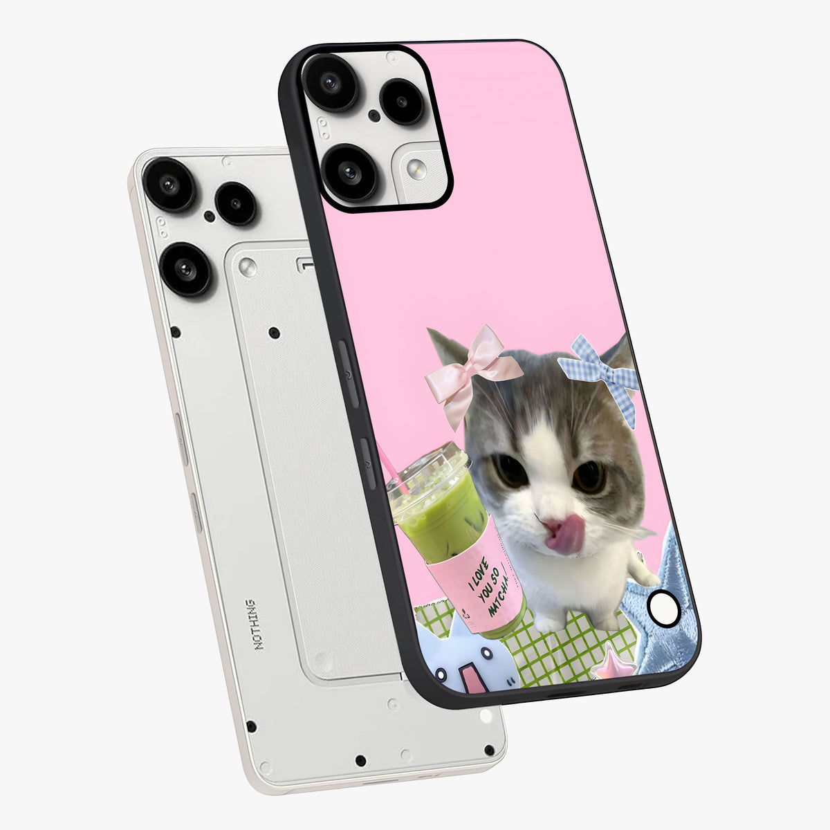 Love Matcha Cat Glass Case displayed in angled mockup highlighting playful feline illustration with cozy matcha aesthetic.