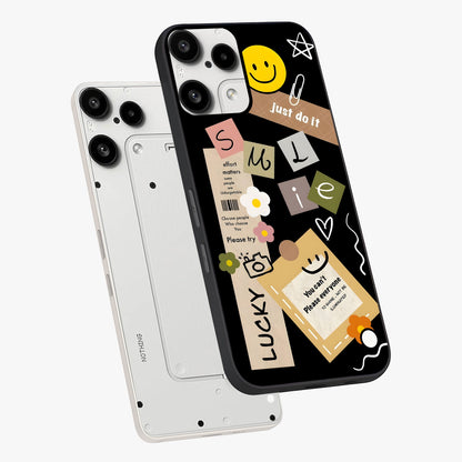 Lucky Aesthetic Collage Glass Case displayed in angled mockup highlighting stylish collage pattern with modern aesthetic vibe.