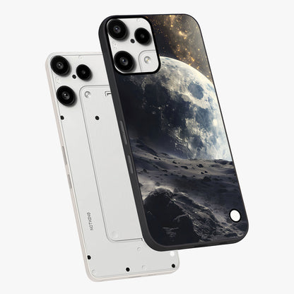 Lunar Horizon Glow Glass Case displayed in angled mockup highlighting celestial moon design with dreamy night aesthetic.
