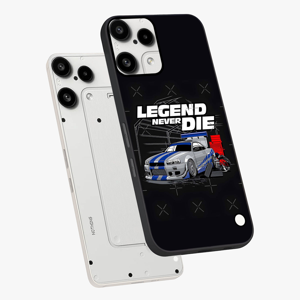 Midnight Racing Legacy Glass Case displayed in angled mockup highlighting dynamic automotive design with bold midnight aesthetic.
