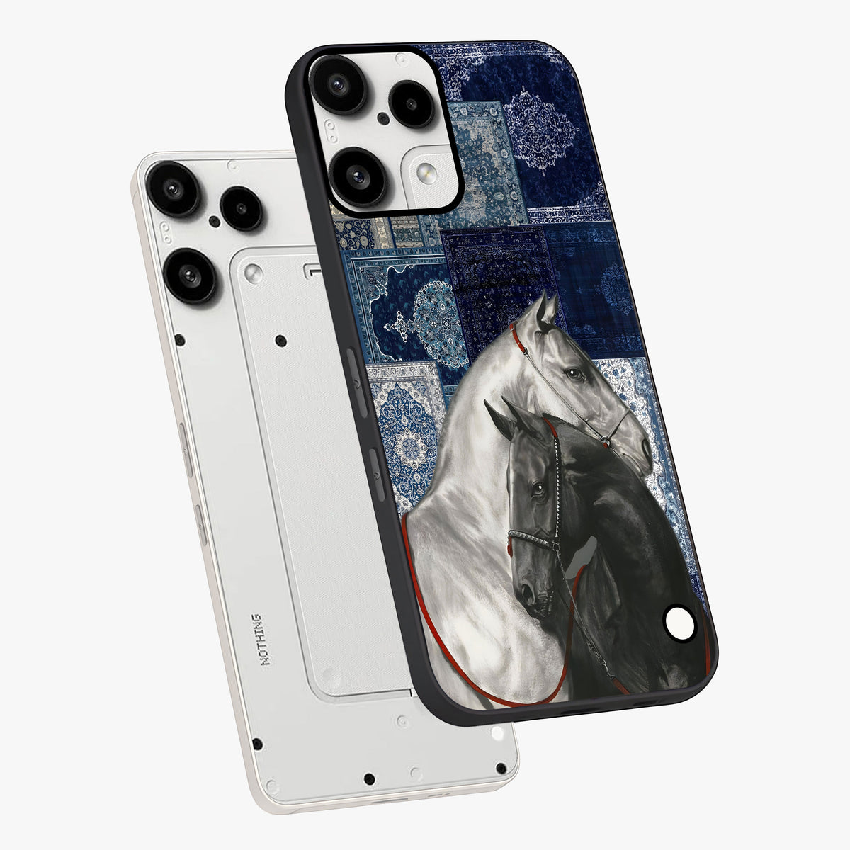 Midnight Stallion Blues Glass Case displayed in angled mockup highlighting powerful stallion illustration with deep midnight tones.