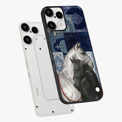 Midnight Stallion Blues Glass Case displayed in angled mockup highlighting powerful stallion illustration with deep midnight tones.