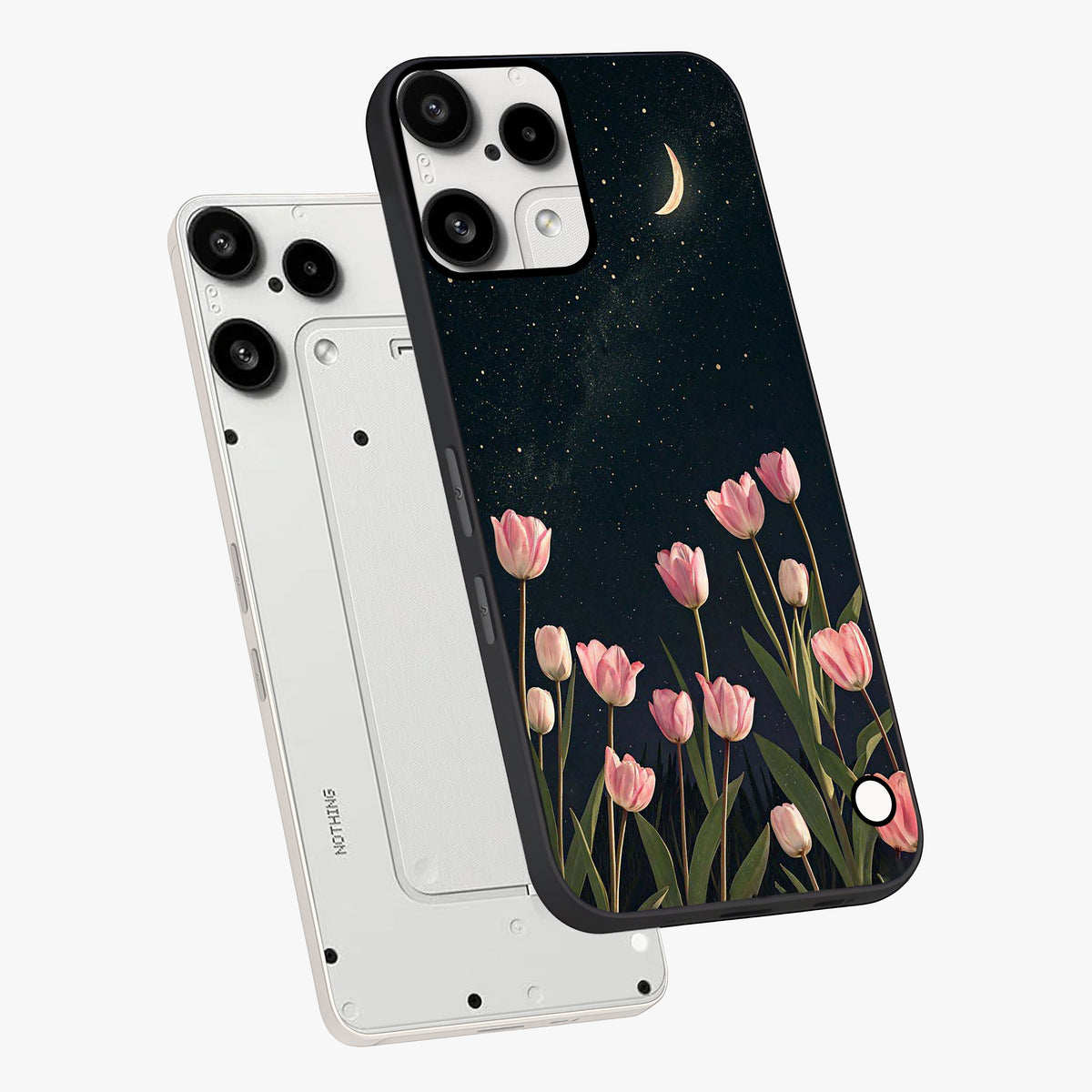 Midnight Tulip Whispers Vibe Glass Case displayed in angled mockup highlighting delicate tulip design with midnight floral aesthetic.