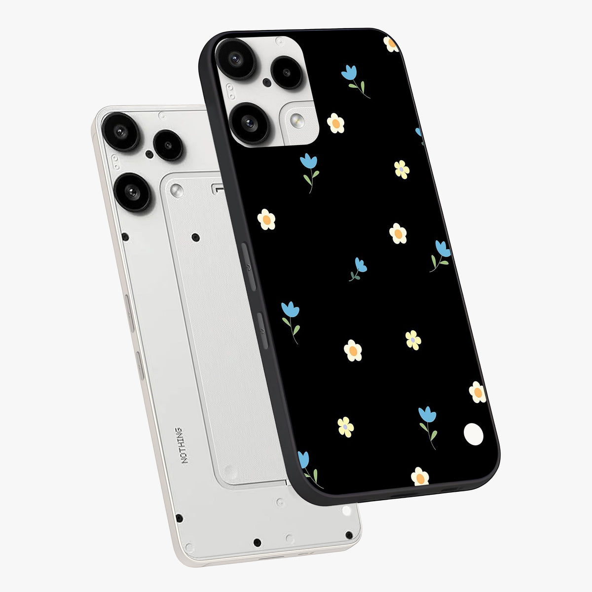 Minimal Petal Whispers Glass Case displayed in angled mockup highlighting delicate petal design with clean minimal aesthetic.