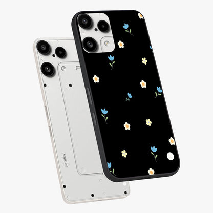 Minimal Petal Whispers Glass Case displayed in angled mockup highlighting delicate petal design with clean minimal aesthetic.