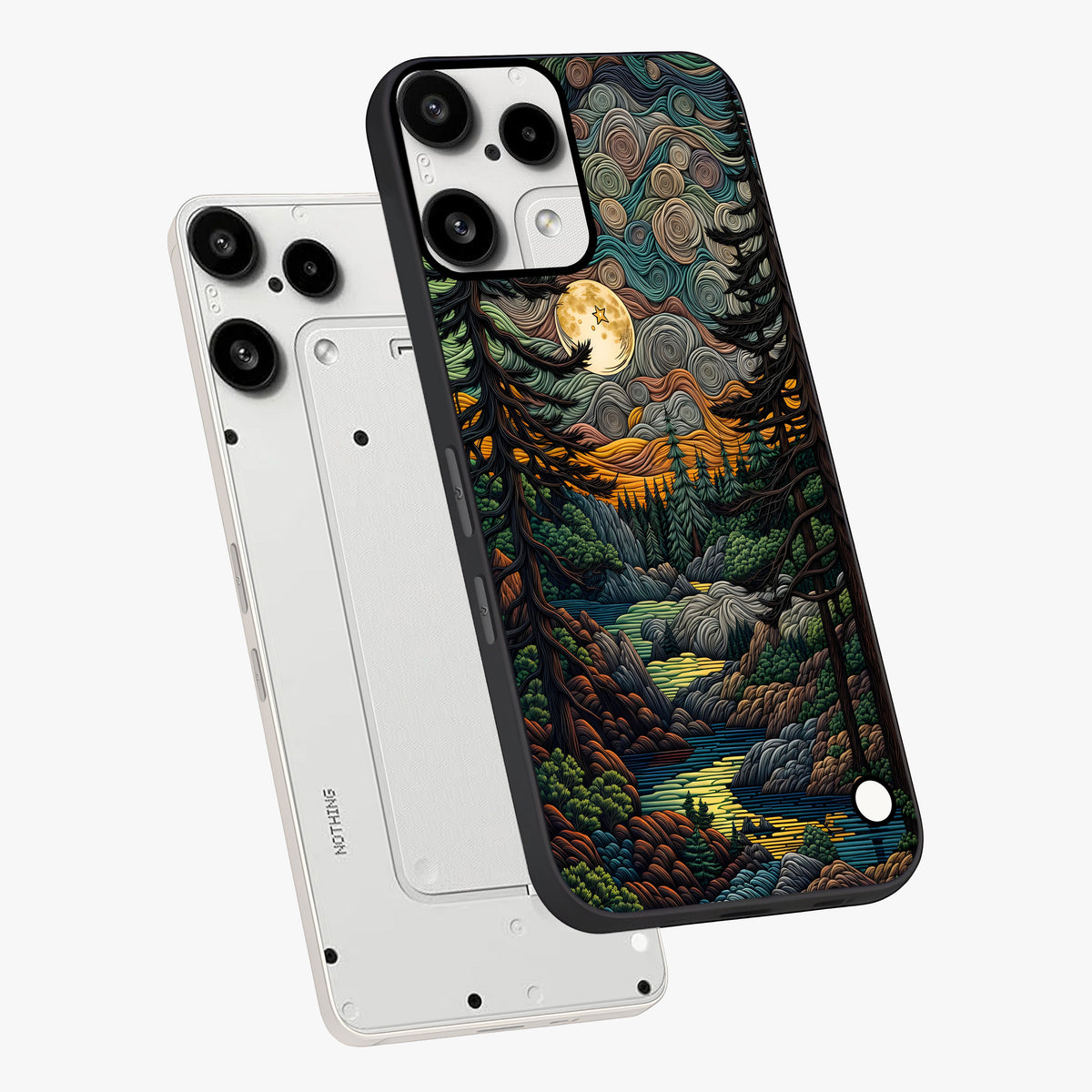 Moonlight Forest Dream Glass Case displayed in angled mockup highlighting dreamy forest design with glowing moon aesthetic.