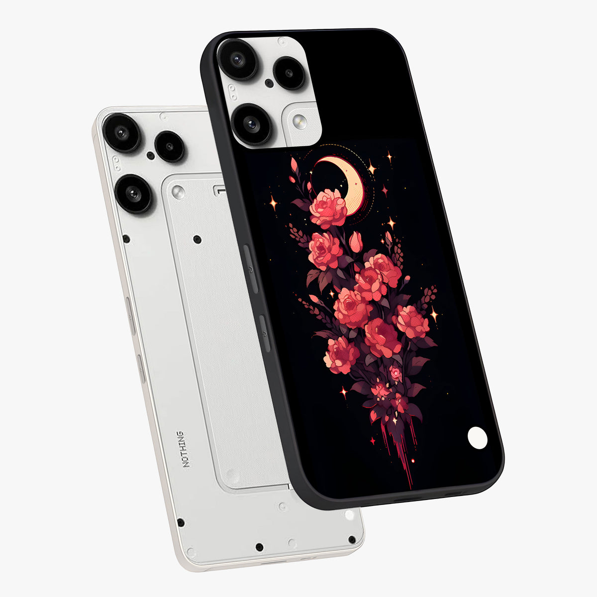 Moonlit Floral Elegance Glass Case displayed in angled mockup highlighting graceful flower design with soft moonlight aesthetic.