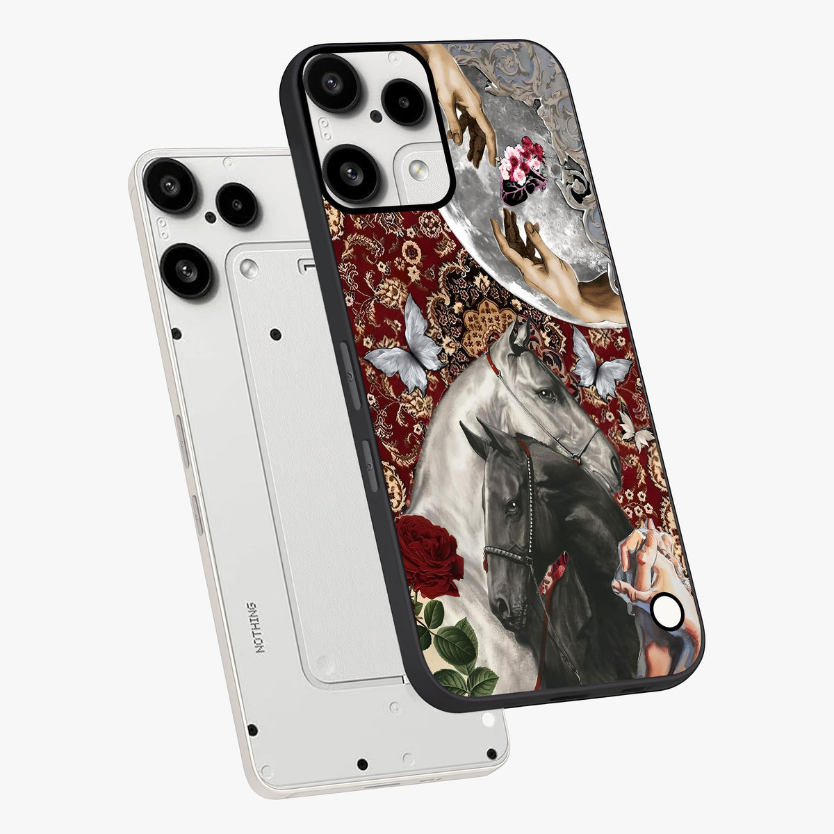 Moonlit Royal Stallion Glass Case displayed in angled mockup highlighting powerful stallion illustration with royal night aesthetic.