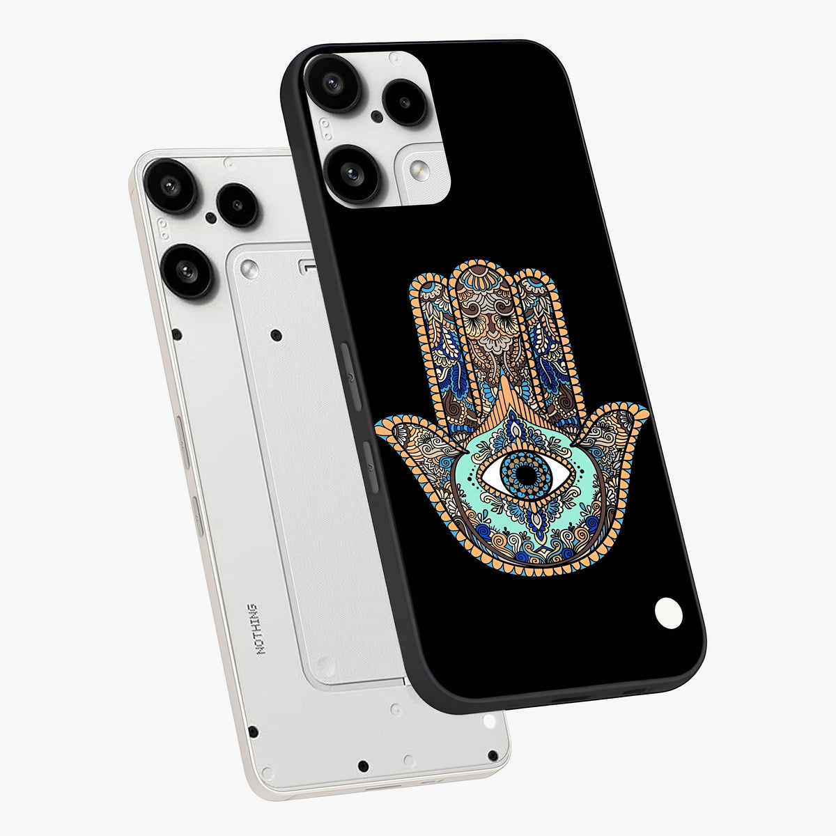Mystic Hamsa Eye Glass Case displayed in angled mockup highlighting spiritual hamsa symbol with mystical aesthetic style.
