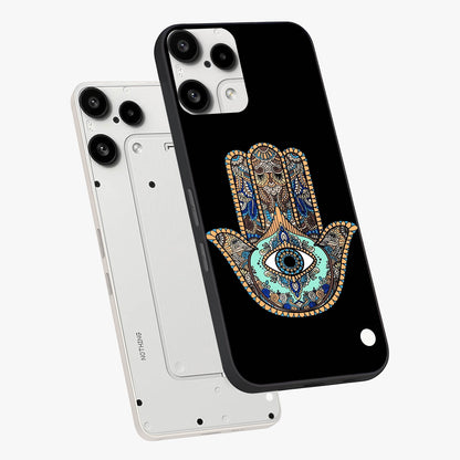 Mystic Hamsa Eye Glass Case displayed in angled mockup highlighting spiritual hamsa symbol with mystical aesthetic style.