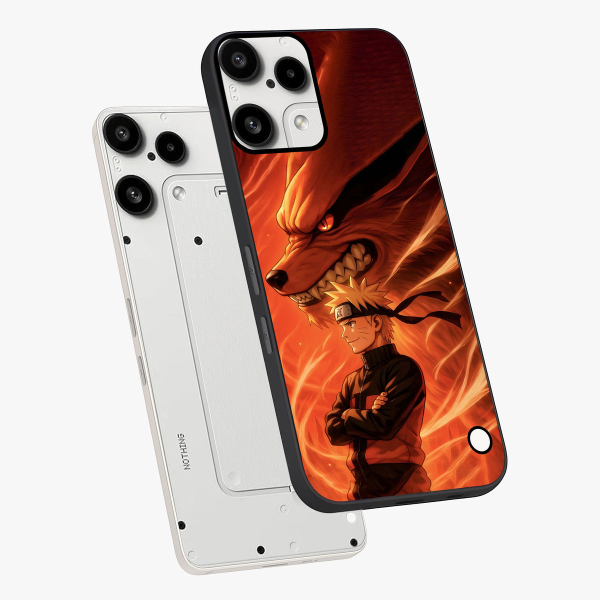 Nine Tails Legacy Glass Case displayed in angled mockup highlighting dynamic anime beast illustration with bold mystical aesthetic.