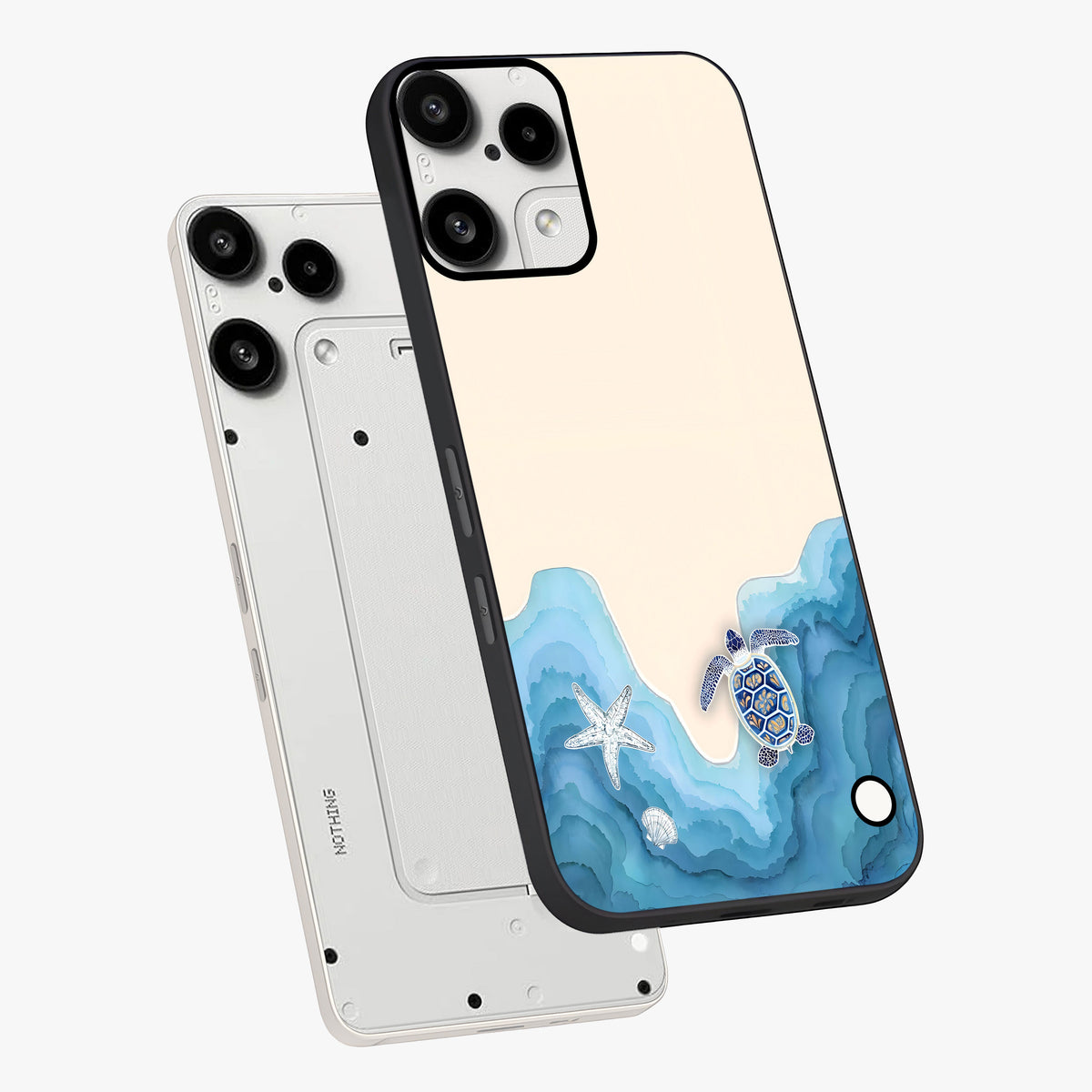 Ocean Drift Turtle Glass Case displayed in angled mockup highlighting peaceful ocean turtle illustration with marine aesthetic.