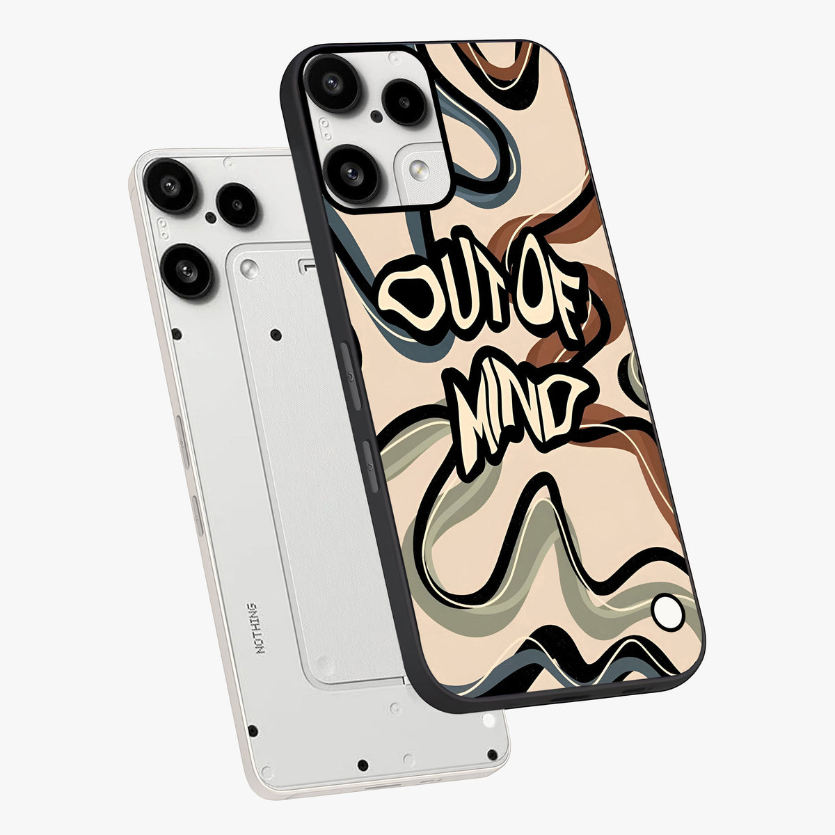 Out Of Mind Glass Case displayed in angled mockup highlighting bold statement design with modern artistic aesthetic.
