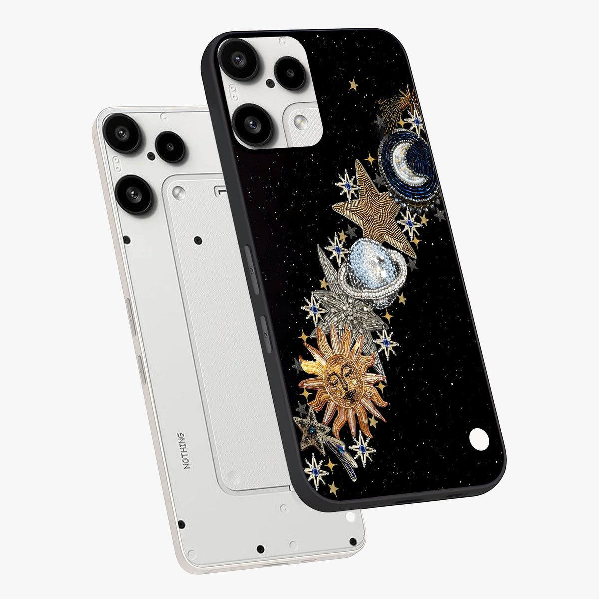 Pearls Universe Object Glass Case displayed in angled mockup highlighting celestial pearl design with dreamy aesthetic.