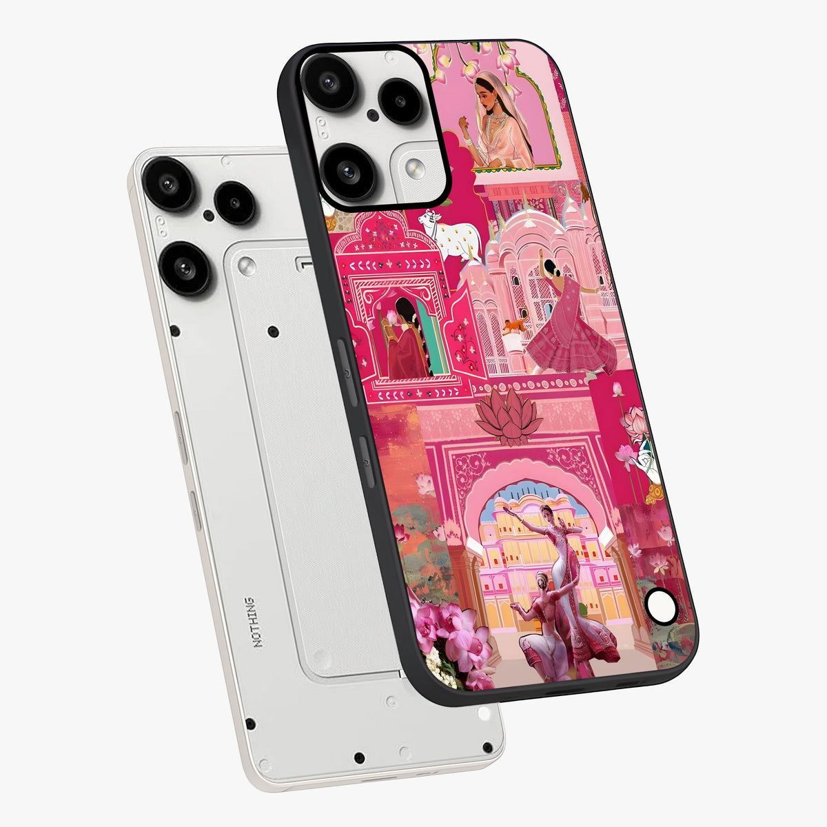 Pink Palace Muse Glass Case displayed in angled mockup highlighting dreamy palace illustration with soft pink aesthetic.