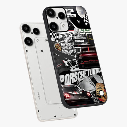Porsche Racing Collage Glass Case displayed in angled mockup highlighting dynamic automotive design with bold racing aesthetic.