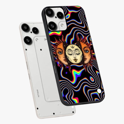 Psychedelic Sun Glass Case displayed in angled mockup highlighting vibrant abstract sun design with artistic aesthetic style.