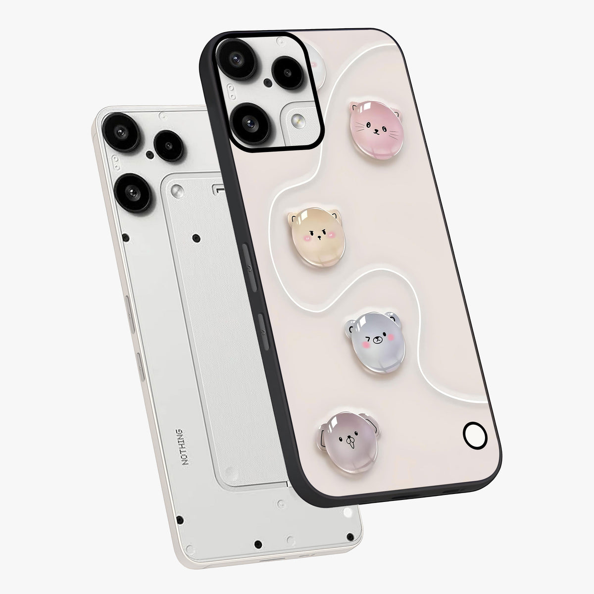 Puffy Face Parade Glass Case displayed in angled mockup highlighting playful cartoon face design with fun aesthetic.